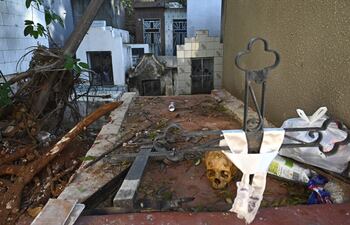 Un cráneo y otros restos óseos, con cruces viejas y bolsas de basura, en el cementerio de La Recoleta. Al fondo, un árbol caído, que contribuye al estado de abandono del sitio de valor histórico.