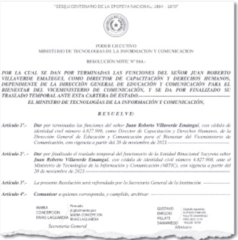 En diciembre de ese año, Villate lo remueve “formalmente” del cargo de director.