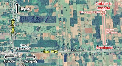 El accidente aéreo ocurrió a solo 130 metros de la cabecera norte de la pista de 800 metros del aeródromo de Guajaybí.