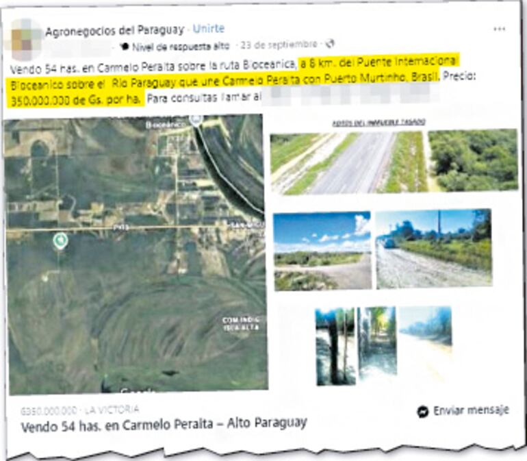 Otra publicación, en la cual se cita  un lote  ubicado a 8 kilómetros del futuro puente y el precio.