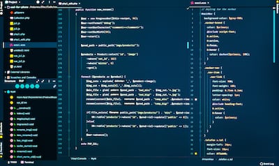 Código CSS y PHP en un editor de código con fondo azul oscuro, en primer plano.
