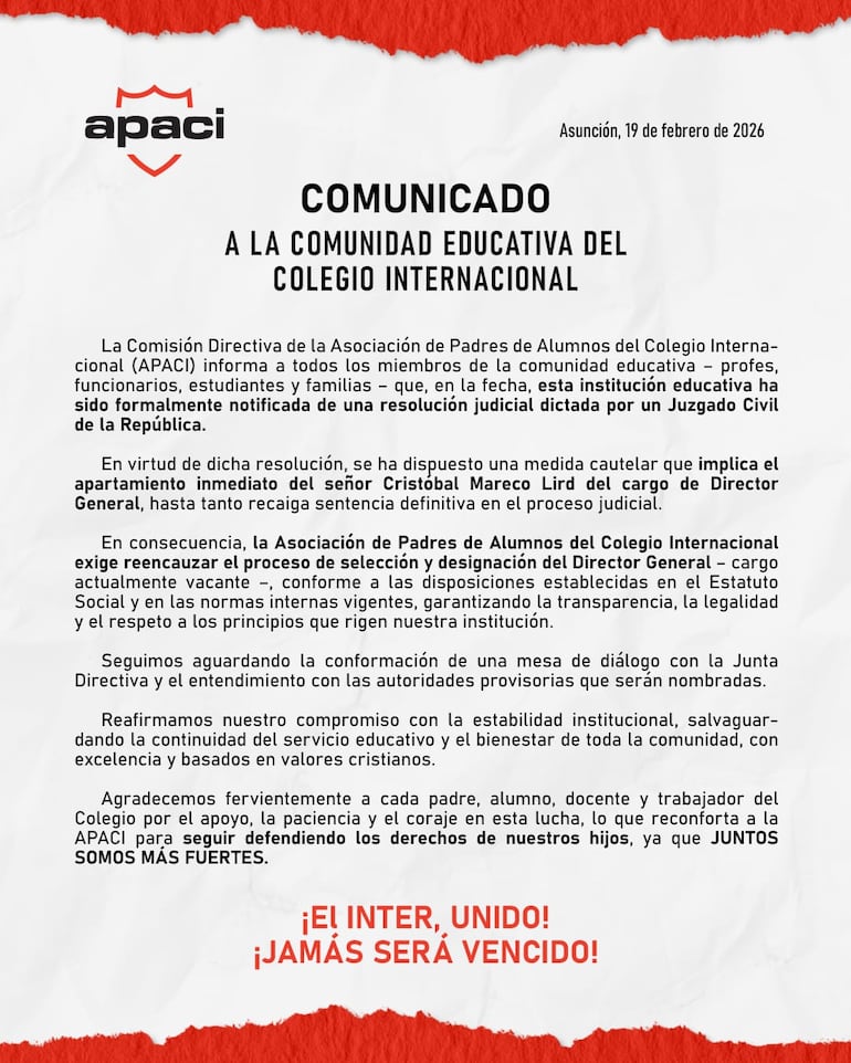 Comunicado de la Apaci sobre resolución judicial que exige que Mareco Lird sea apartado del cargo.