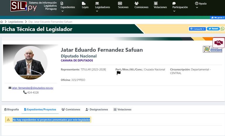 Ficha del diputado Jatar Fernández en el SilPY.