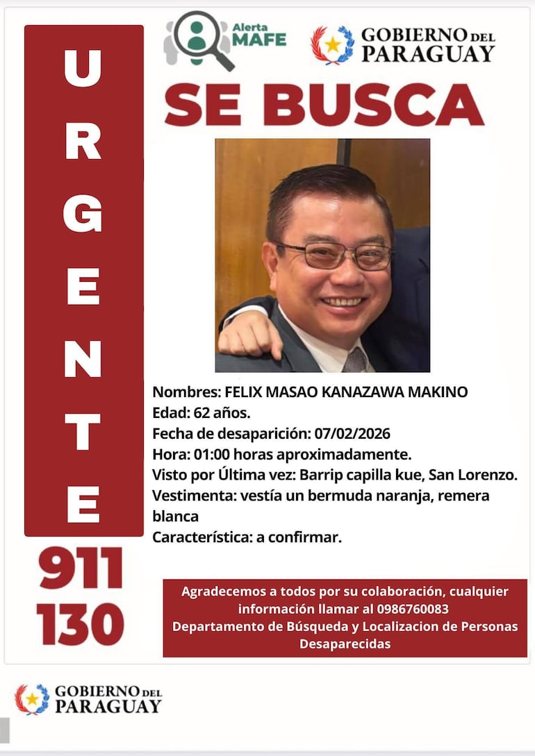 El flyer publicado por la Policía Nacional sobre la desaparición de Félix Kanazawa, expresidente de la Dinac