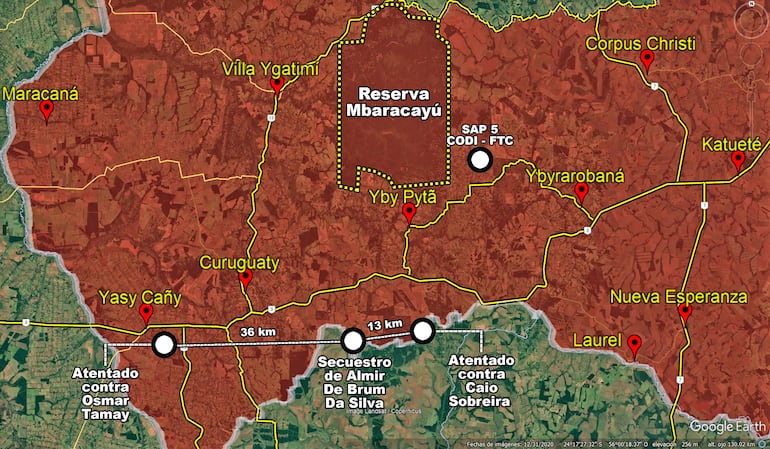 Mapa del departamento de Canindeyú y las zonas de los últimos ataque del EPP, incluyendo el secuestro de Almir De Brum Da Silva.