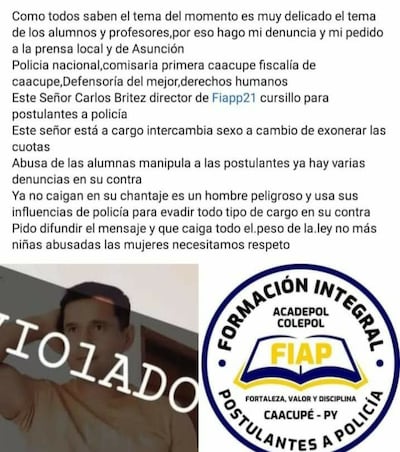 Caacupé: denuncian a director de la FIAP por presunto acoso a jóvenes postulantes a policía