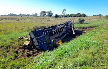 Camión volcado en un área rural, con ruedas en el aire y hierba cubriendo parte de su estructura. Paisaje verde al fondo.