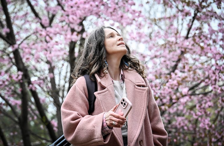 Una mujer disfruta de un sakura en flor, un cerezo japonés, en el oeste de Moscú, el 20 de abril de 2026.