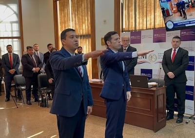 Momento en que juraban como miembros del JEM los diputados Alejandro Aguilera y Diego Candia, para el periodo 2026-2029.