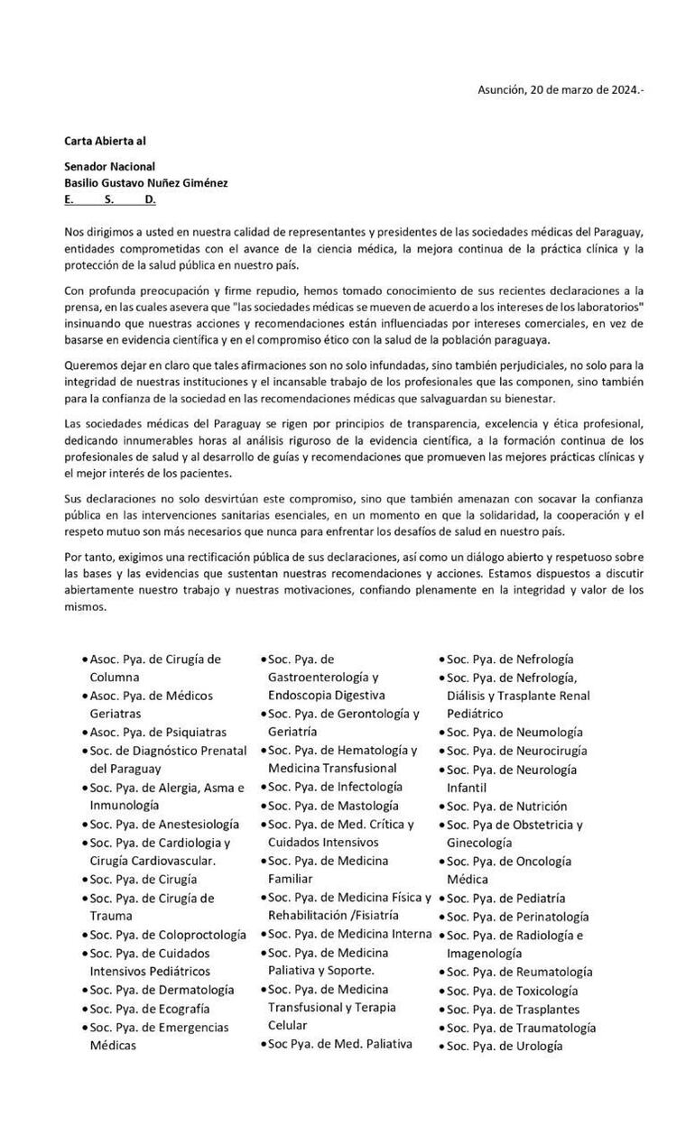 Comunicado conjunto de las 42 sociedades médicas del Paraguay contra declaraciones de Basilio "Bachi" Núñez.