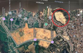 Predio refulado por Itaipú entre el 2017 y 2019 (en circulo) en el que se construirá el Gran Hospital de Asunción.
