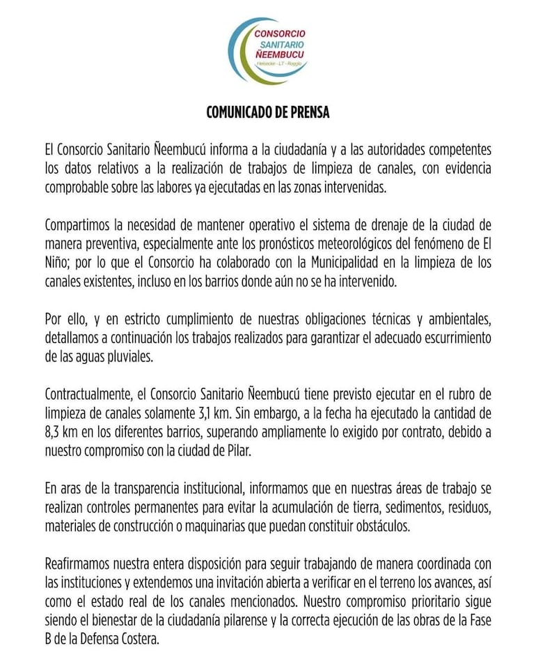 El Consorcio Sanitario Ñeembucú respondió mediante otro comunicado que ya realizó 8,3 kilómetros de limpieza, pese a que contractualmente tiene previsto ejecutar 3,1 kilómetros. 