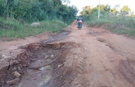 Motociclista de espaldas sobre camino de tierra con profundas hendiduras y charcos, rodeado de arbustos y árboles.