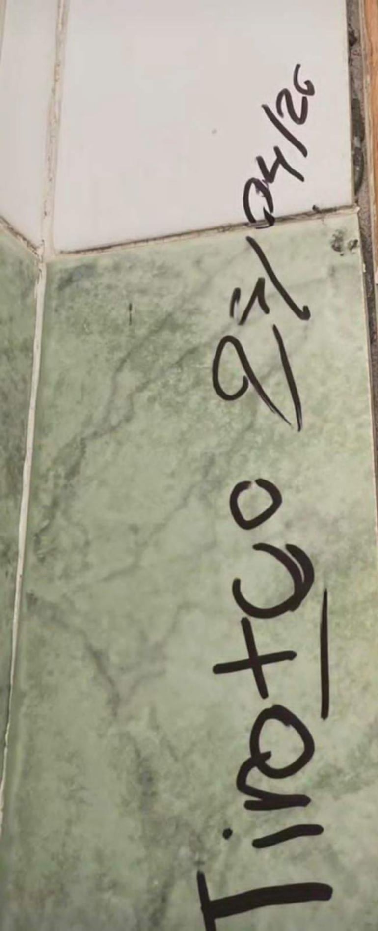 Grafitis en baldosas del colegio Villa San Francisco, con texto informal y fecha visible.