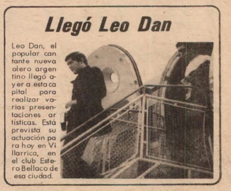 Publicación que aparece en la tapa de ABC Color del 15 de agosto de 1968 en el cual se anuncia una de las visitas de Leo Dan a nuestro país.
