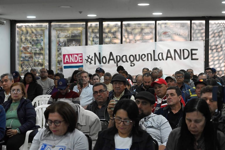 Gran reunión en salón con personas vestidas casualmente, atentos y algunos mirando sus teléfonos, pancarta destacada sobre ANDE.