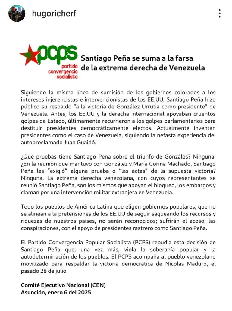 Comunicado del Partido Convergencia Socialista sobre el conflicto diplomático entre Paraguay y Venezuela.