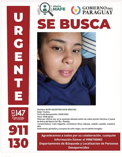 Cartel de búsqueda de Ruth Valentina Sosa Sánchez, con foto, detalles de desaparición y características físicas.