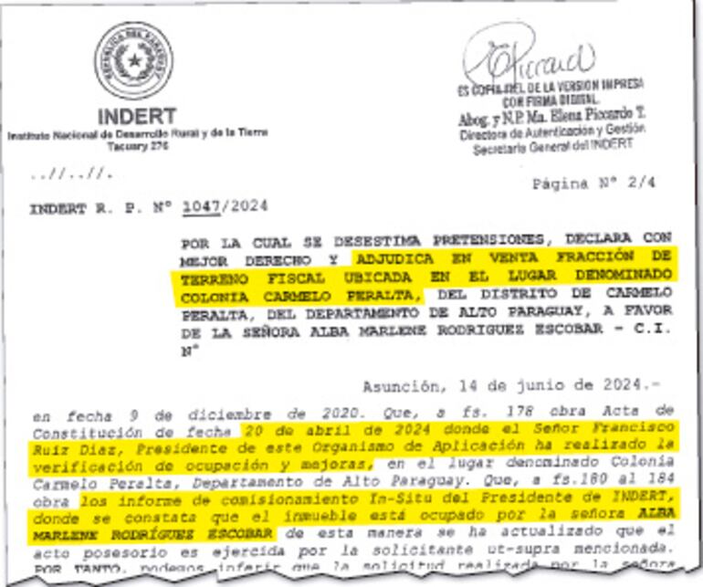 Resolución por la cual se adjudicó el lote y se deja constancia de la visita in situ de Ruiz Díaz.