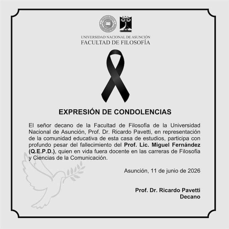 Documento formal con encabezado de la universidad y texto de condolencias por el fallecimiento del profesor Fernández.