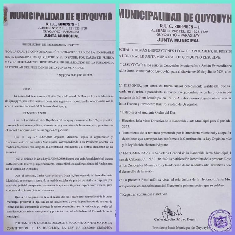 La Resolución N.º 1/2026, por la cual el presidente de la Junta Municipal, Carlos Bareiro Bogarín, solicita la realización de una sesión extraordinaria en su vivienda particular.