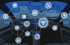 Vista frontal de una cabina de vehículo y red de comunicación inalámbrica, coche autónomo, vehículo inteligente, automóvil conectado.