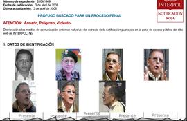 Facsímil de la notificación roja de Interpol contra Rodrigo Granda, emitida por pedido de Paraguay.