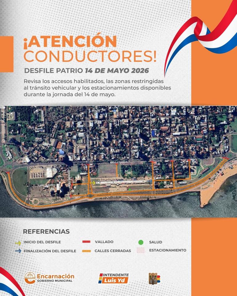 Infografía de calles clausuradas para el jueves 14 de mayo en Encarnación
