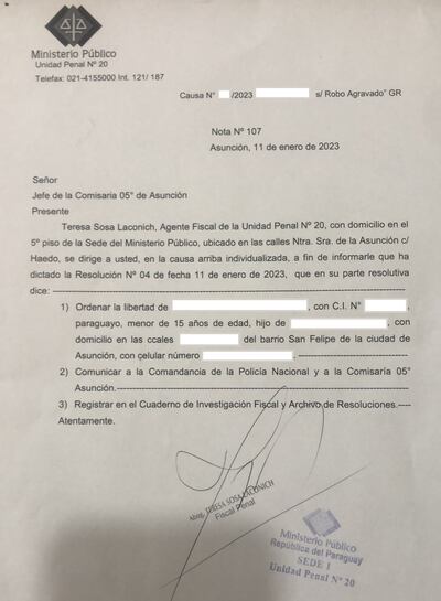 Nota de la fiscala Teresa Sosa Laconich por la que solicita la libertad de un peligroso delincuente de 15 años de edad.