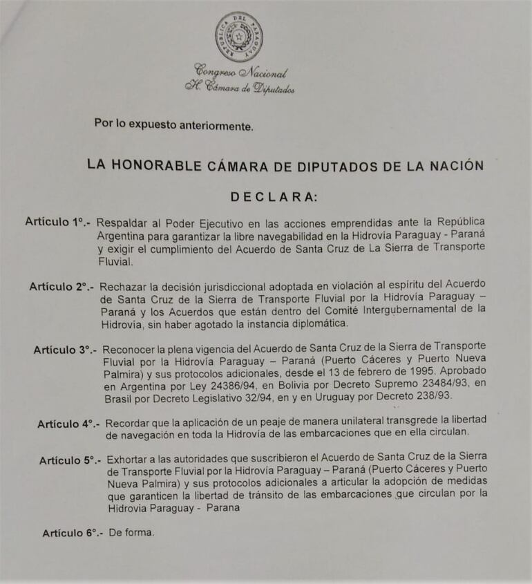 Resolución de la Cámara de Diputados respecto a cobro de peaje por parte de la Argentina en la Hidrovía.