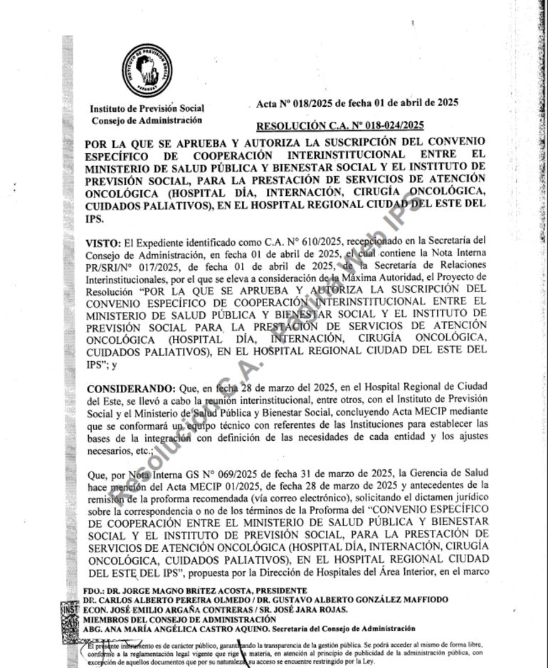 Resolución por la cual se establece la atención integrada entre el IPS y Ministerio de Salud.