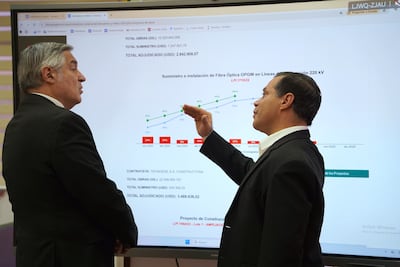 Imagen de la reunión del ministro de Educación, Luis Ramírez, con el presidente de la ANDE, Félix Sosa, en la sede de la empresa estatal.