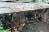 Un tronco obstruye los pilares del puente sobre un canal con basura y ramas.