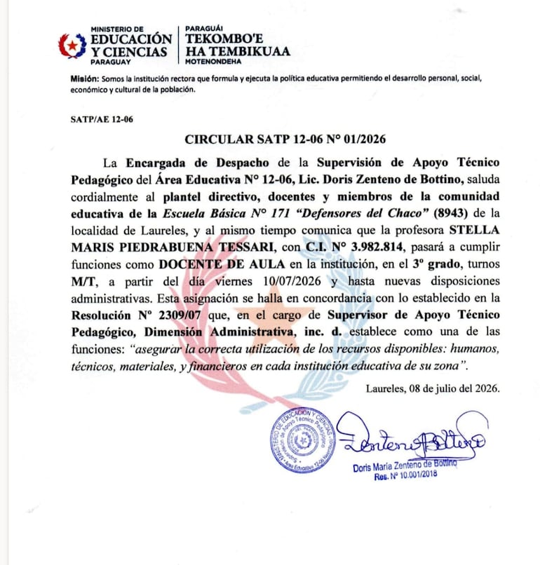Circular que remitió la coordinadora departamental de Educación, por la cual designa a la docente Stella Maris Piedrabuena.