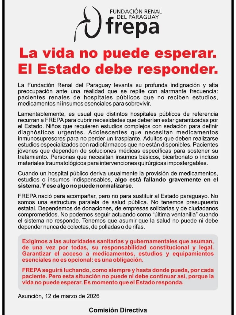 Comunicado de Frepa sobre falta de medicamentos e insumos necesarios para la sobrevivencia de pacientes.