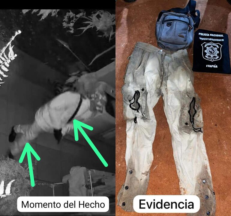 Persona en camiseta clara y pantalones oscuros salta en cámara de seguridad; fondo con plantas y objetos evidenciales en el suelo.
