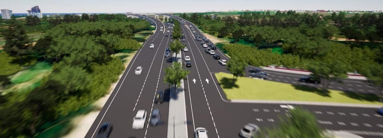 Vista aérea de una carretera moderna sin personas, rodeada de árboles y excelente visibilidad del cielo.