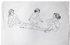 Enrique Collar: arriba, "Niñas jugando con elástico" (tinta sobre papel, 1991); abajo, "El 1, el 9, el 7" (marcador sobre cartulina de color, 1992).