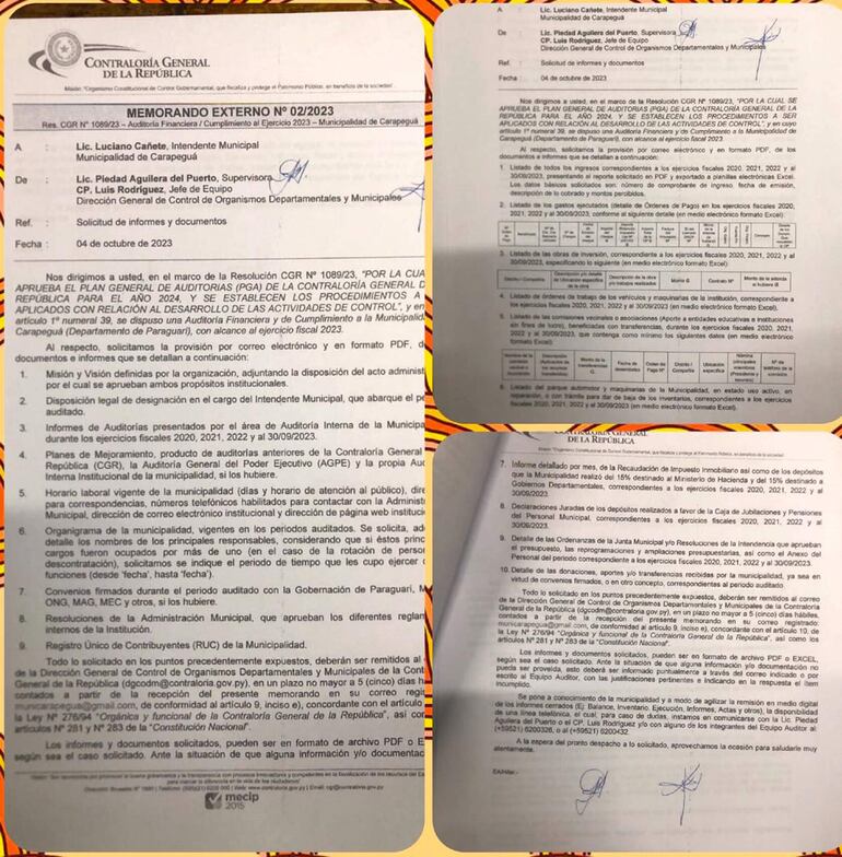 Los documentos requeridos por la CGR a la Municipalidad de Carapeguá.
