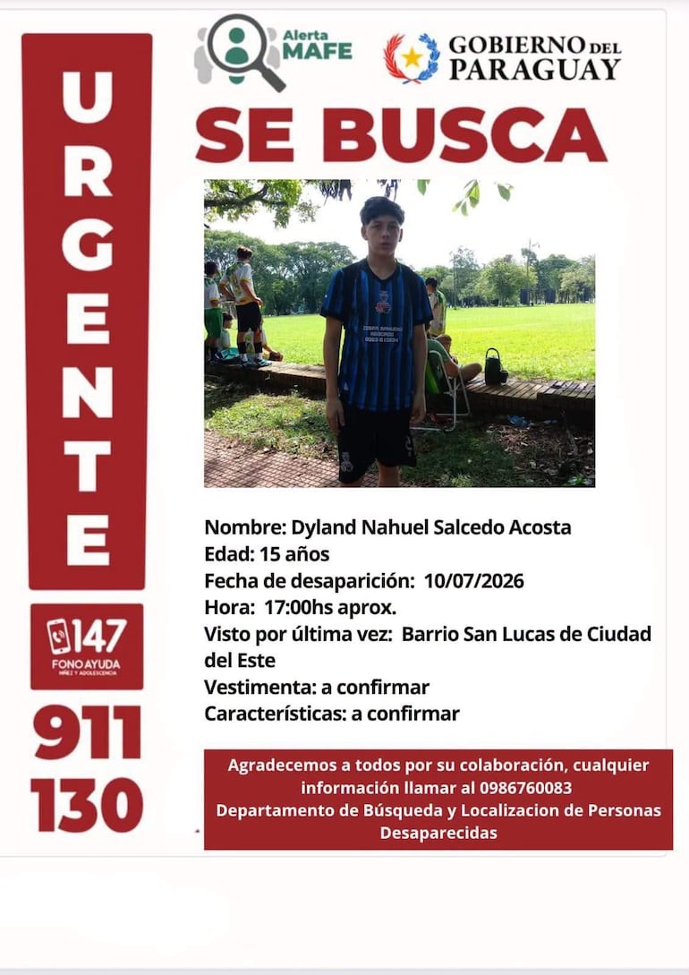 Cartel de búsqueda con la foto de Dyland Nahuel Salcedo Acosta, vestido con camiseta a rayas y pantalón oscuro, en un entorno recreativo.