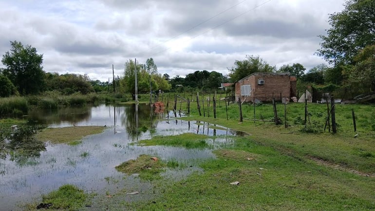 Casa de ladrillo abandonada rodeada de agua estancada y vegetación en un cielo nublado.
