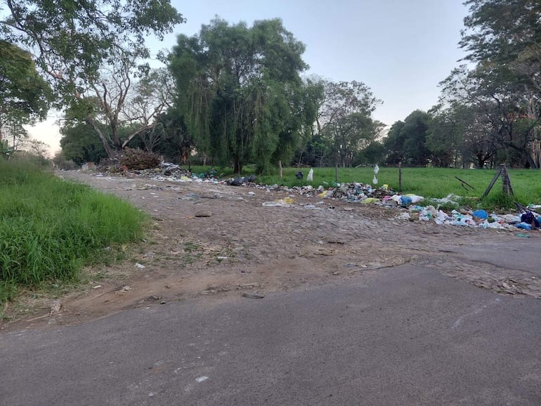 Montículos de basura a un costado de un camino en un área descuidada en Fernando de la Mora, con vegetación circundante.