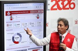 El coordinador legal del gabinete de asesores del JNE, Jorge Valdivia (c), habla en una rueda de prensa, en Lima (Perú).