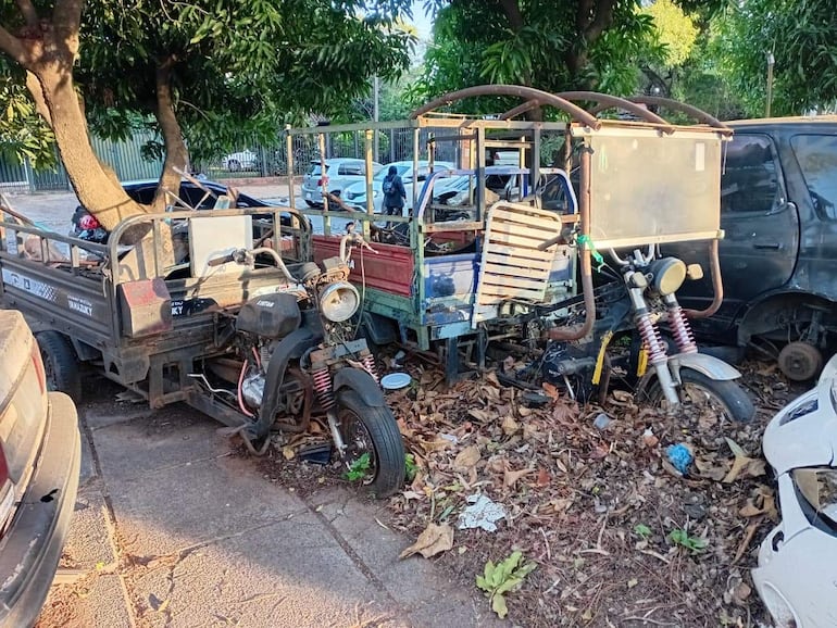 Grupo de vehículos abandonados en un área con árboles, mostrando deterioro y abandono.