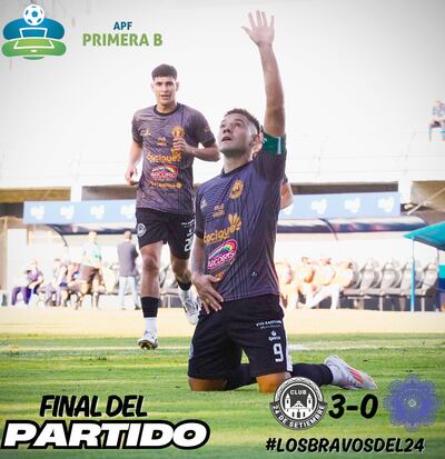 Brazo en alto del capitán y goleador del 24 de Setiembre de Areguá, que abrió con su tanto el camino de la victoria de Los Bravos sobre el 12 de Octubre por 3-0.