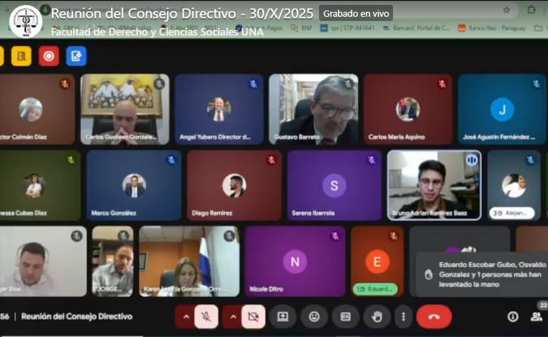 Reunión del consejo directivo de Derecho UNA, el jueves 30 de octubre.