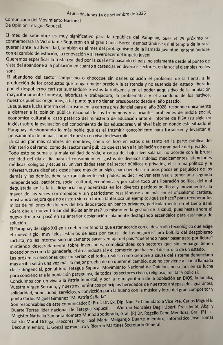 Comunicado del movimiento Tetagua Sapucai.