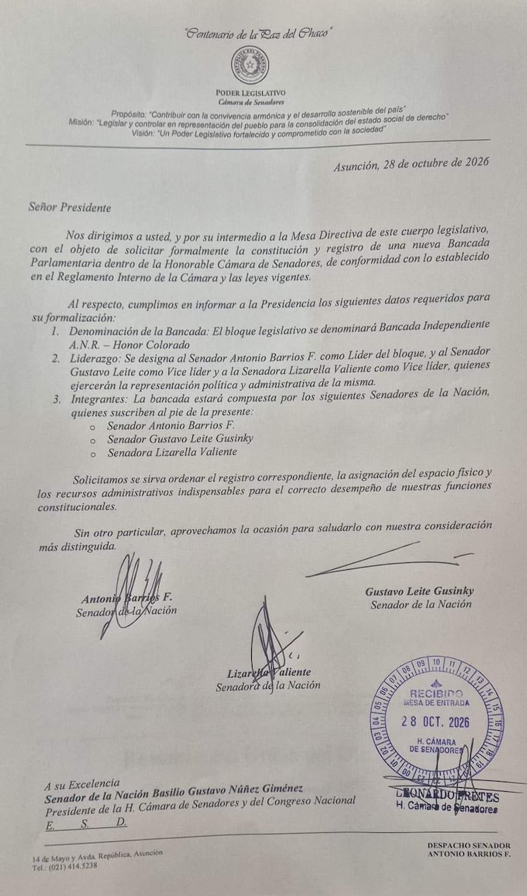Documento oficial de la Cámara de Senadores, encabezado con 'Centenario de la Paz del Chaco', firmado por los senadores.