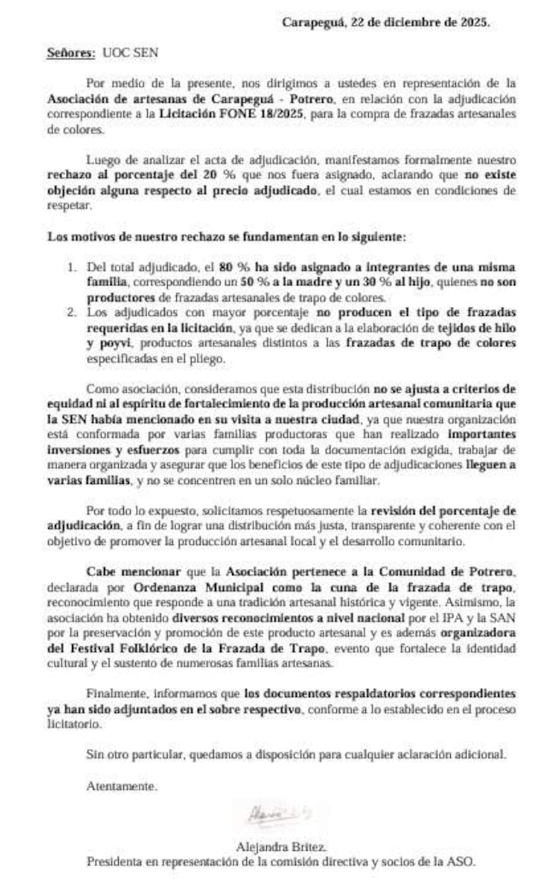 Mediante una nota a la SEN, las artesanas expresaron su disconformidad con la adjudicación.
