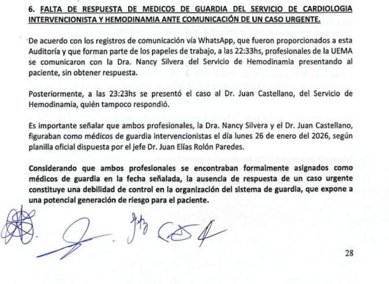 Documento con texto mecanografiado sobre la falta de respuesta médica en caso de urgencia. Incluye firmas al final.